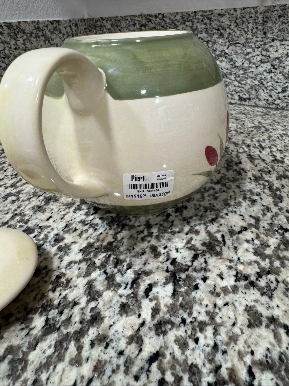 Pier 1 Verona Cream and Green Ceramic Teapot with Red Floral Motif